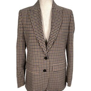 J Crew Blazer Women 2 Brown Blue Gingham Italy Tollegno 1900 Stretch Wool Jacket